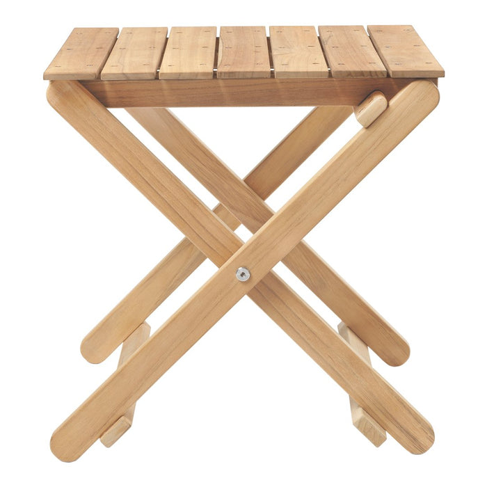 Natural wood folding stool with light brown slatted top and tan cross legs, showcasing a smooth, minimalist design.