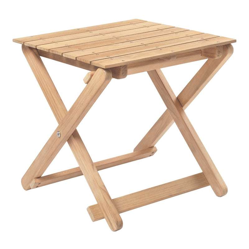 Natural wood finish foldable side table with smooth, slatted surface and cross-legged design. Perfect for indoor or outdoor use.
