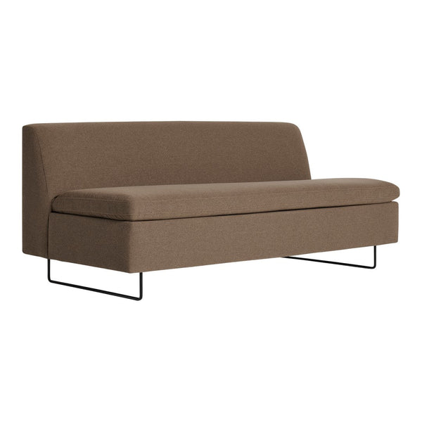 Brown two-seater sofa with clean lines, soft fabric, and minimalistic black metal legs.
