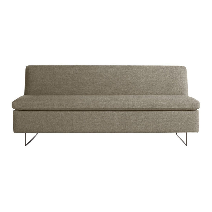 Beige upholstered sofa with a minimalistic design and sleek metal legs, featuring a textured, canvas-like pattern.