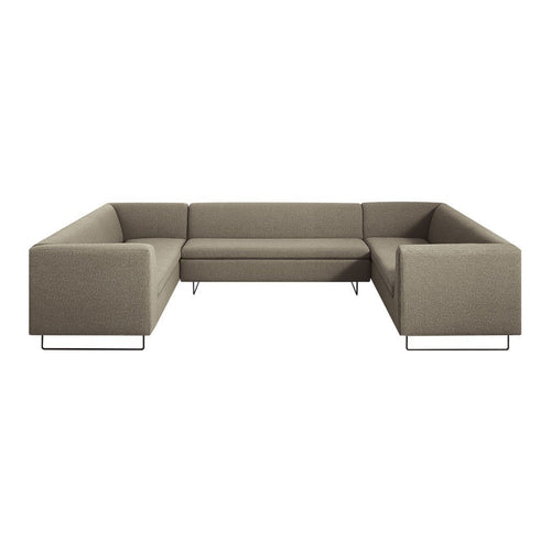 Stylish L-shaped sectional sofa in muted taupe fabric with sleek metal legs, creating a modern, minimalist look.