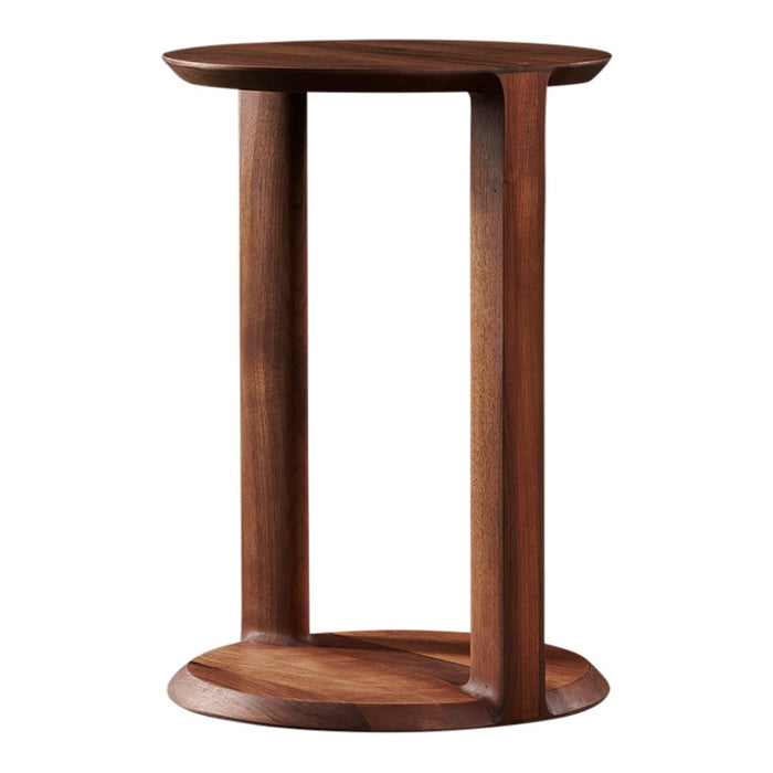 Wooden side table in rich walnut finish with smooth curves and minimalistic design. Perfect for modern decor.