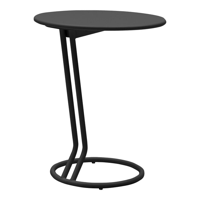 Black modern side table with a sleek circular top and minimalist metal base. Ideal for contemporary decor.