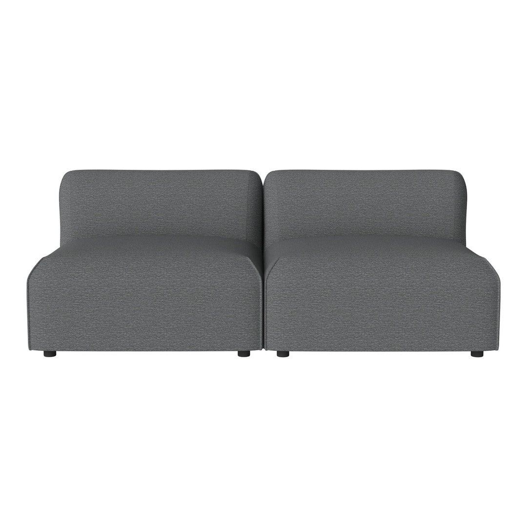 Gray modular sofa with a smooth fabric texture, featuring a minimalist design and two connected seating sections.