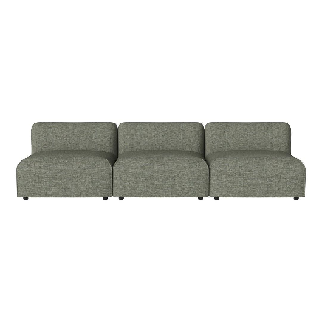 Modern three-seat sofa in muted olive green fabric with a subtle texture and clean lines.