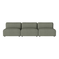 Modern three-seat sofa in muted olive green fabric with a subtle texture and clean lines.