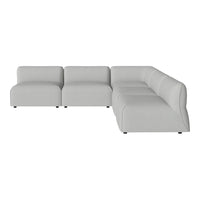 Light gray sectional sofa with smooth upholstery and minimalist design, perfect for modern decor.