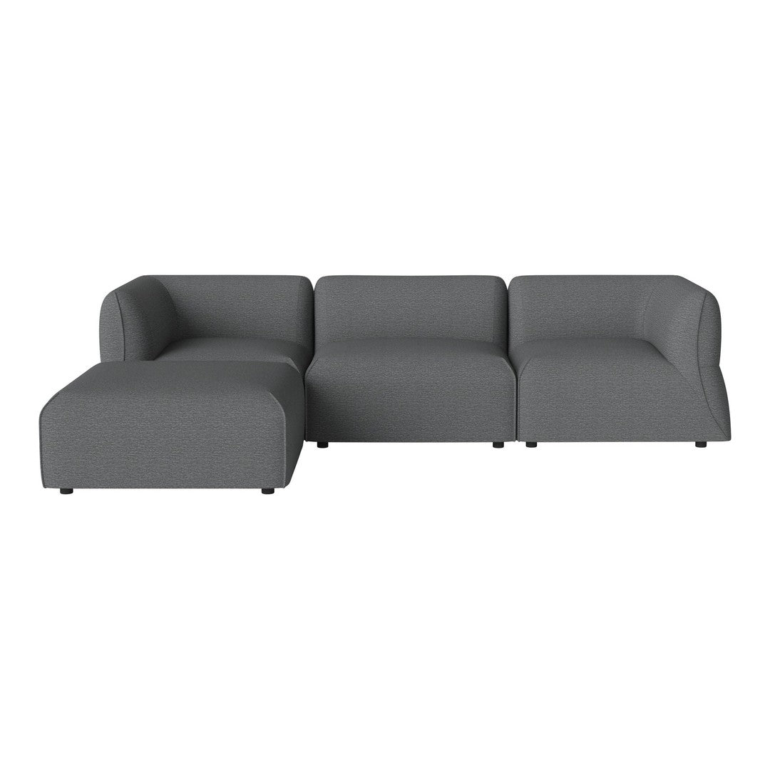 Gray sectional sofa with a sleek, modern design and smooth upholstery, featuring clean lines and minimalistic shape.
