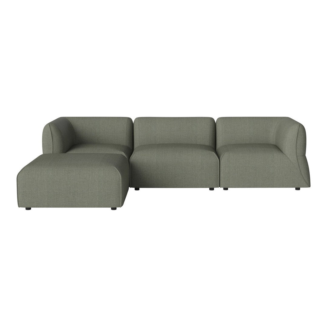 Modern sectional sofa in muted green fabric with smooth, minimalist design and subtle texture. Perfect for contemporary decor.