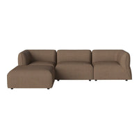 "Modern sectional sofa in warm brown fabric with a smooth texture, featuring a minimalist design and no visible patterns."