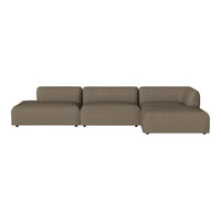 Brown sectional sofa with a textured fabric, featuring a modern, minimalist design and clean lines.