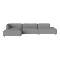 Contemporary gray sectional sofa with a sleek, minimalist design and smooth, elegant fabric upholstery.