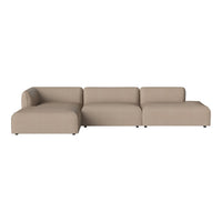 Beige sectional sofa with a smooth, modern design and clean lines, perfect for contemporary living spaces.