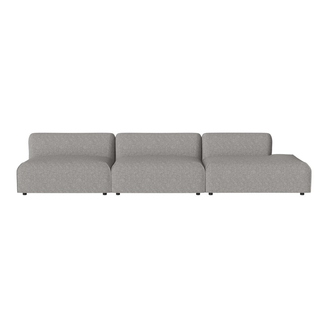 Three-piece modern sofa in soft gray fabric with a minimalist design and smooth texture.