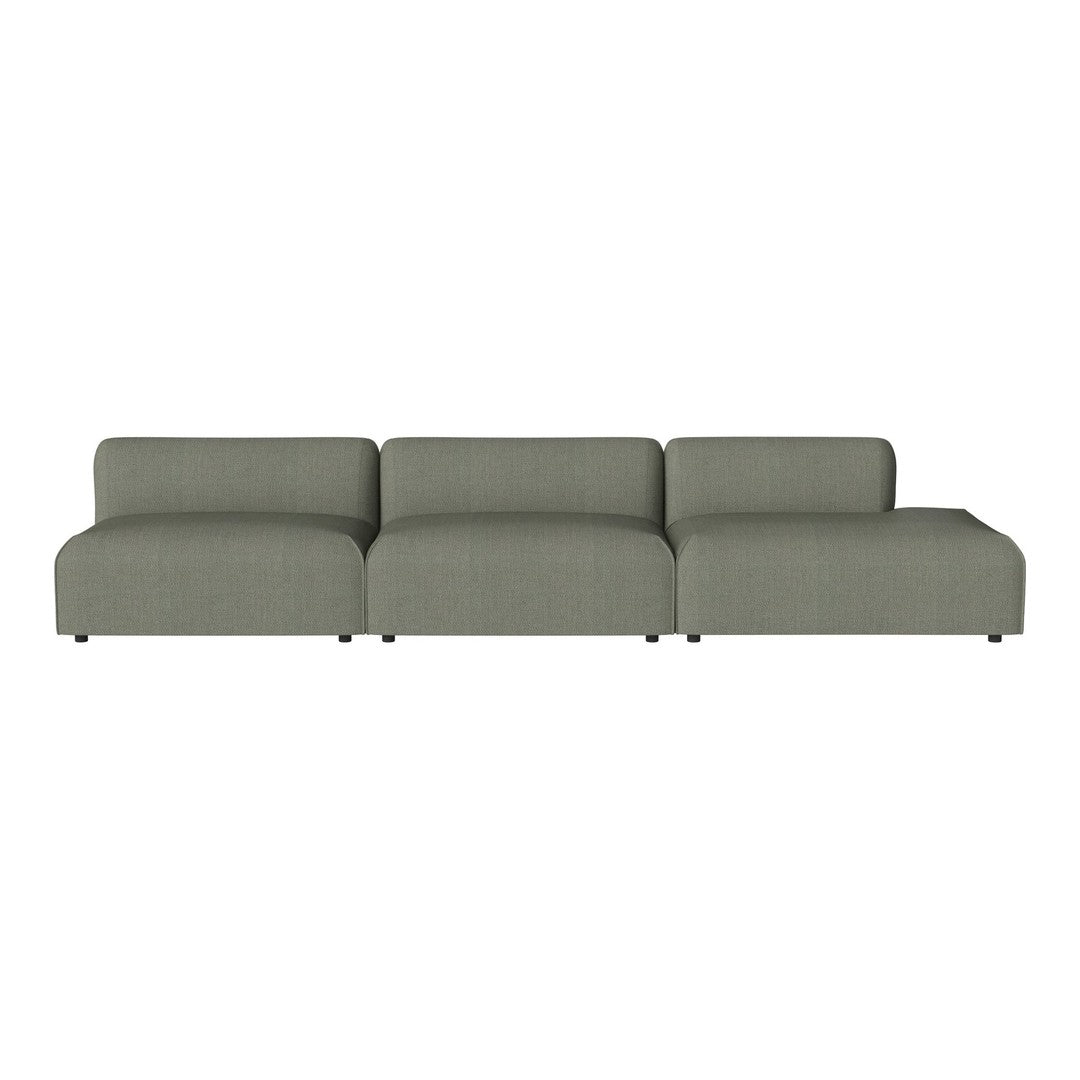 Modern 3-seater sofa in a muted olive green fabric with a smooth texture and minimalistic design.