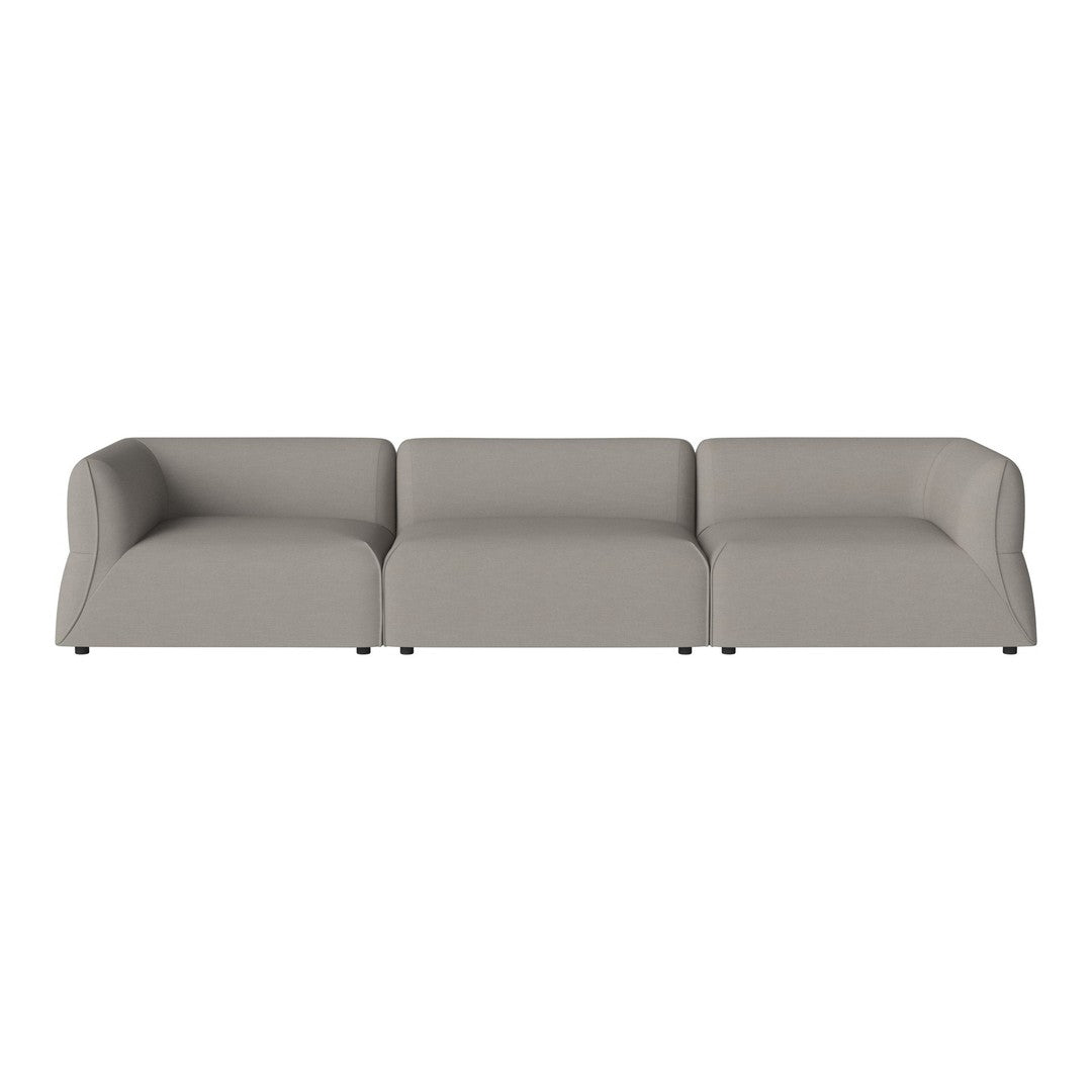 Gray three-seater sofa with smooth upholstery and minimalist design, perfect for modern living spaces.