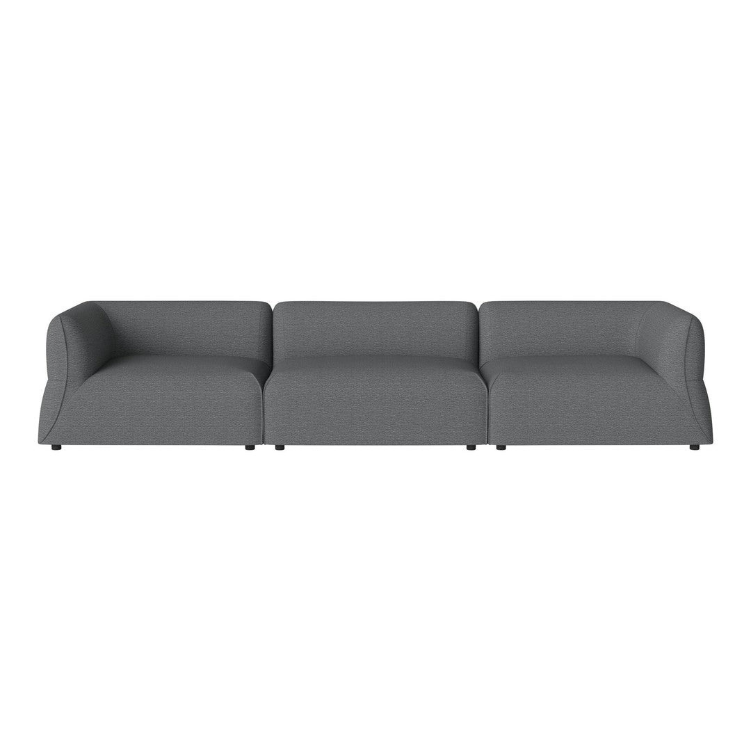 Gray three-seater sofa with smooth upholstery and curved arms, showcasing a modern minimalist style.