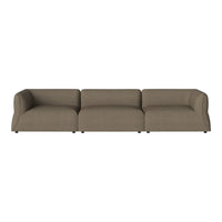 "Modern three-seat sofa in a warm taupe color with a textured fabric pattern."