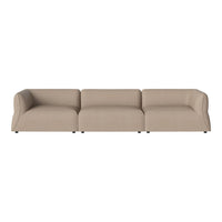 Beige three-seater sofa with a smooth, textured fabric and sleek, minimalist design. Perfect for modern interiors.