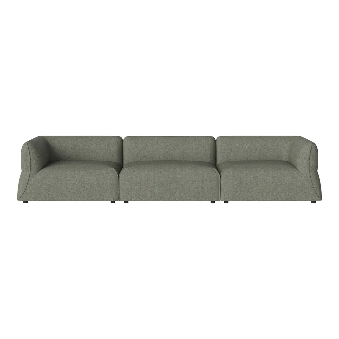 Sleek, modern sofa in soft olive green fabric with smooth, solid design and rounded armrests. Perfect for contemporary decor.
