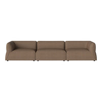 Brown three-seater sofa with smooth upholstery and minimalist design, perfect for modern living spaces.