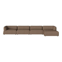 Modern sectional sofa in a warm brown fabric with a smooth, minimalist design. Perfect for contemporary living spaces.