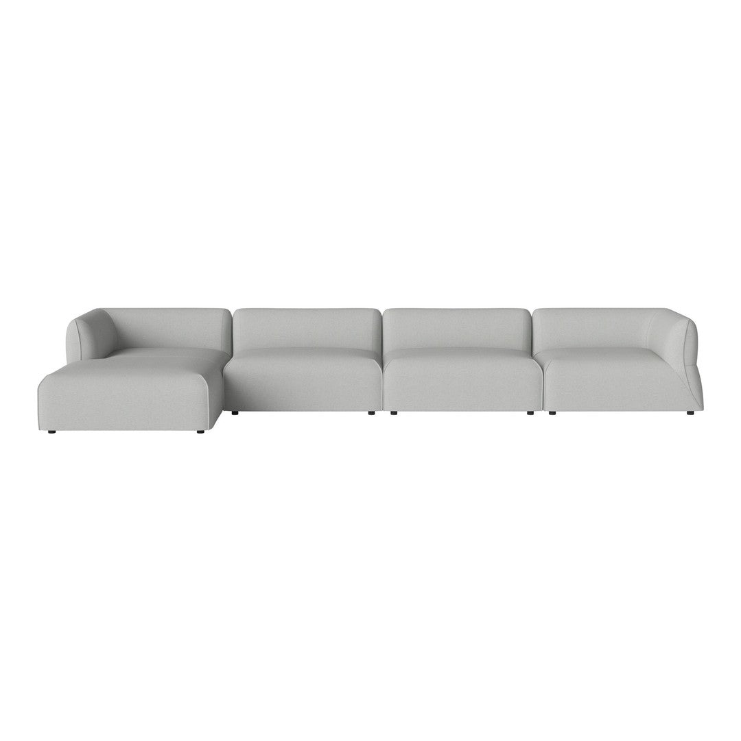 Light gray sectional sofa with a smooth, modern design and minimalistic pattern. Perfect for contemporary interiors.