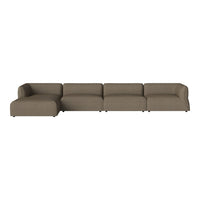 "Modern sectional sofa in a warm taupe color with a smooth, solid pattern, ideal for contemporary living spaces."