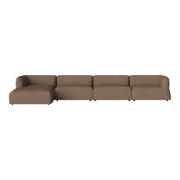 Brown modular sofa with smooth fabric, featuring a minimalist design and clean lines. Perfect for modern interiors.