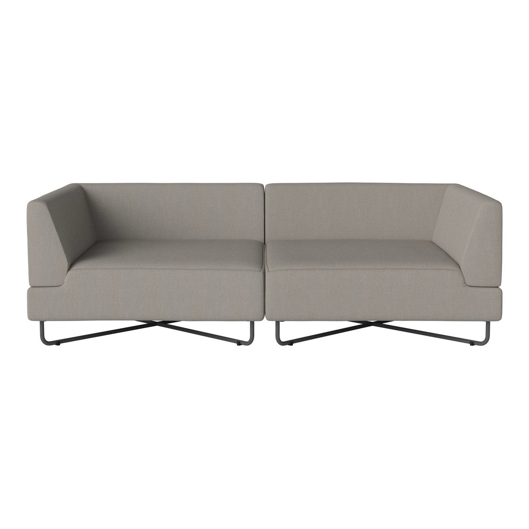 Modern two-seater sofa in soft gray fabric with clean lines and sleek black metal legs.