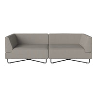 Modern two-seater sofa in soft gray fabric with clean lines and sleek black metal legs.