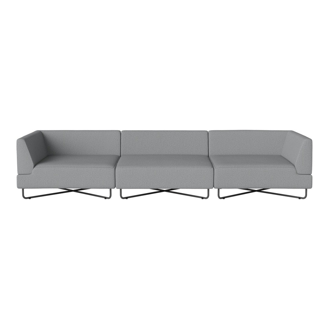 Modern gray sectional sofa with clean lines and a minimalist design, featuring a smooth fabric texture and sleek metal legs.