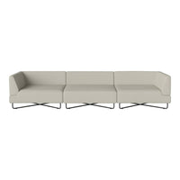 Modern light gray sofa with a minimalist design and smooth fabric, featuring sleek metal legs. No noticeable patterns.