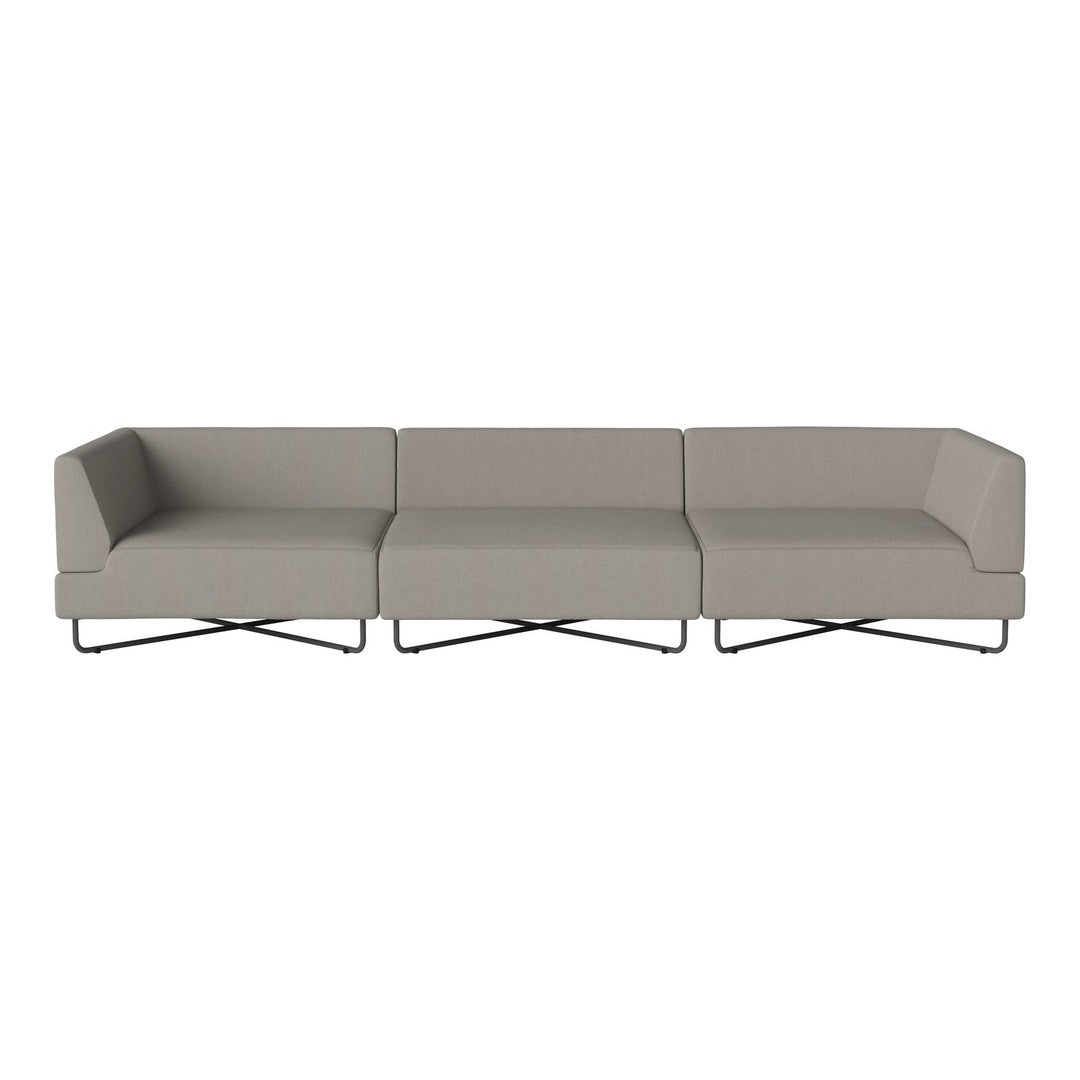 Modern three-seater sofa in soft grey fabric with sleek metal base and minimalistic design. Ideal for contemporary spaces.