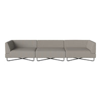 Modern three-seater sofa in soft grey fabric with sleek metal base and minimalistic design. Ideal for contemporary spaces.