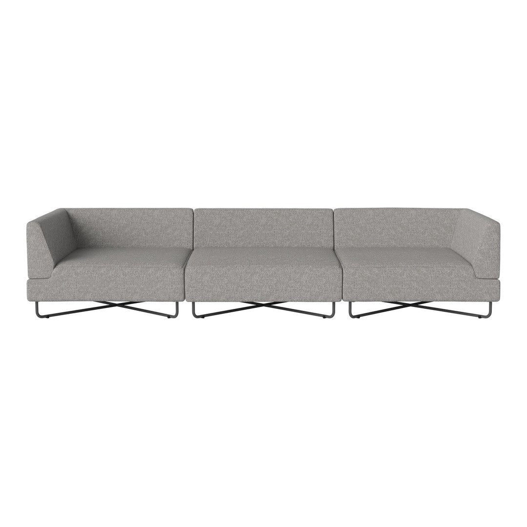 Gray upholstered sofa with geometric pattern and modern black metal legs. Sophisticated design for contemporary spaces.