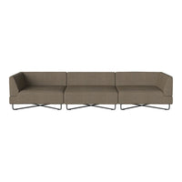 Modern three-seater sofa in a soft taupe fabric with a sleek, minimalist design and cross-legged metal base.
