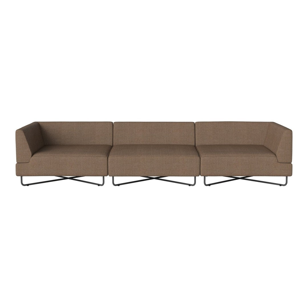 Brown sectional sofa with a minimalist design and textured fabric, accentuated by sleek metal legs.