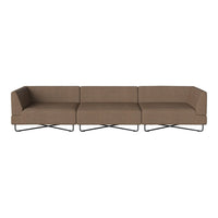 Brown sectional sofa with a minimalist design and textured fabric, accentuated by sleek metal legs.