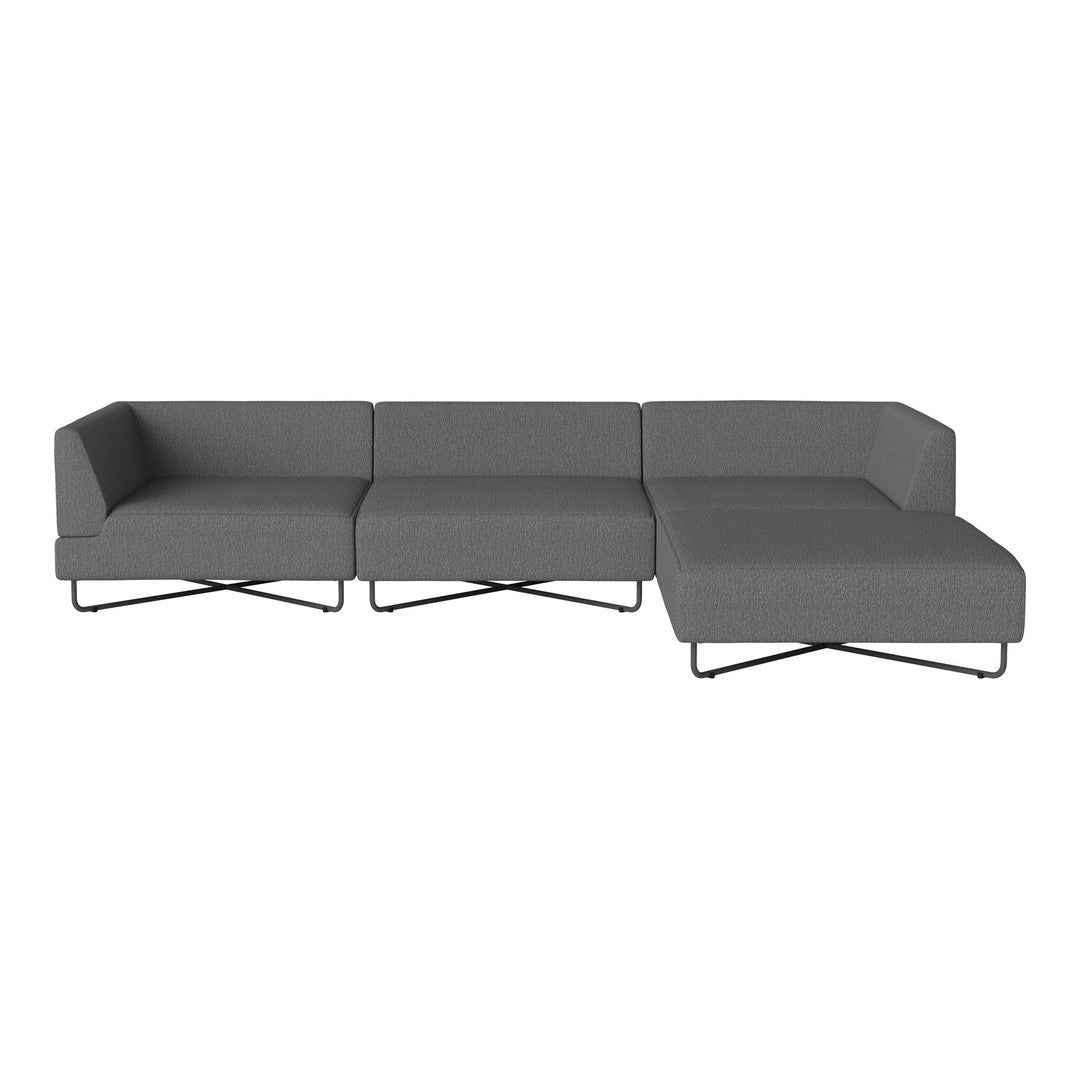 Modern gray sectional sofa with clean lines and minimalistic design, featuring a solid color and no patterns.