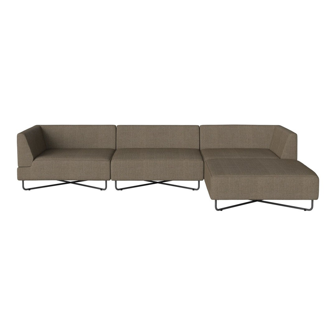 Modern sectional sofa in muted brown fabric with a sleek, minimalist design and black metal legs.
