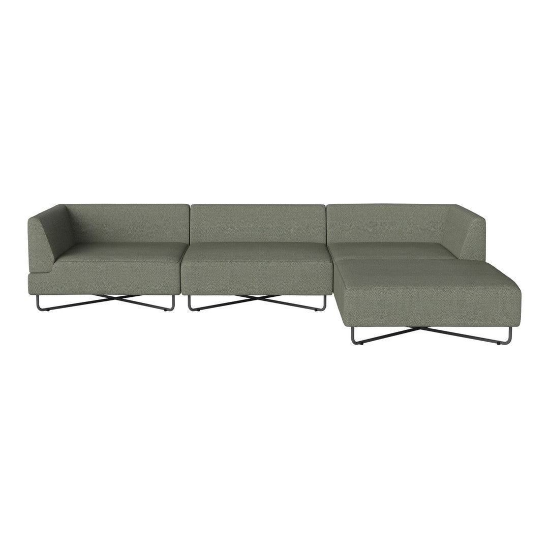 Gray sectional sofa with a modern, minimalist design and sleek black metal legs. Textured upholstery adds depth.