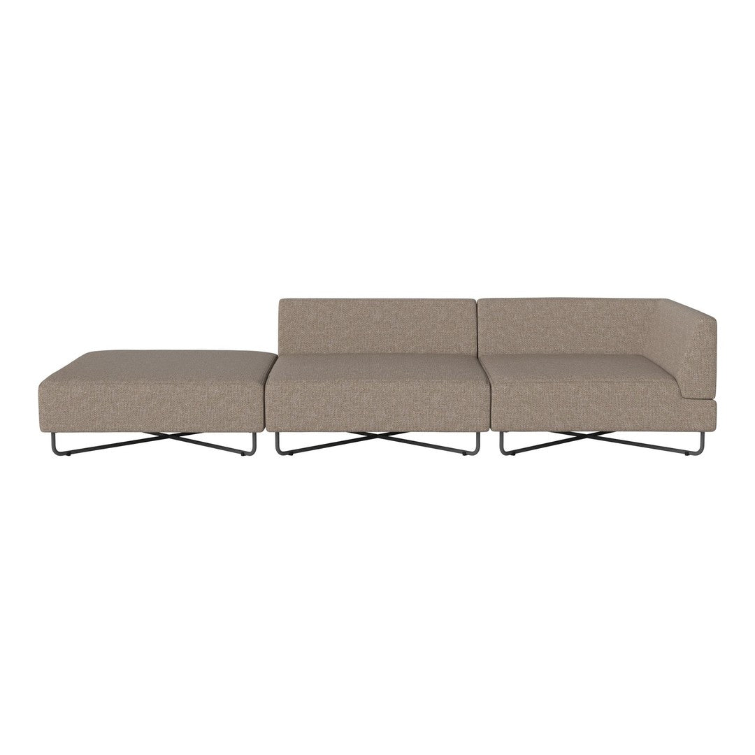Modern sectional sofa in soft taupe fabric with subtle texture and sleek black metal legs. Perfect for contemporary decor.