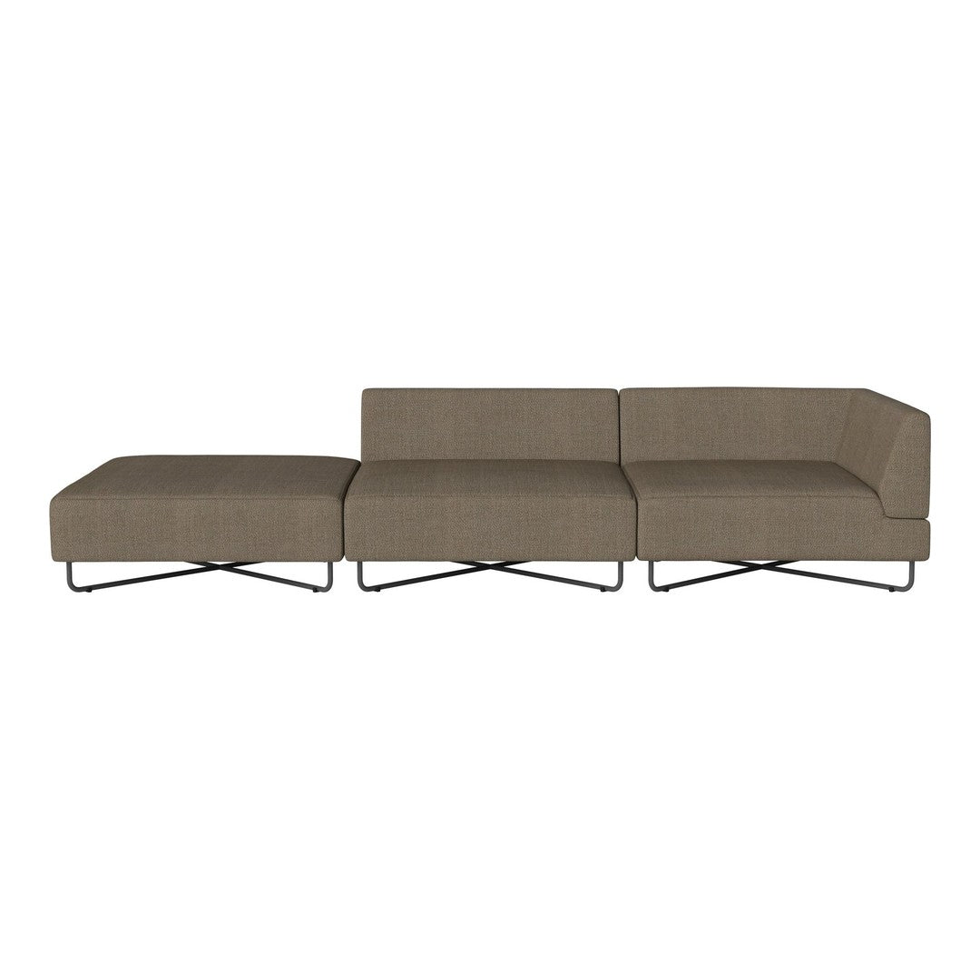 Modern sofa in muted taupe fabric with subtle texture and sleek metal legs, perfect for contemporary decor.