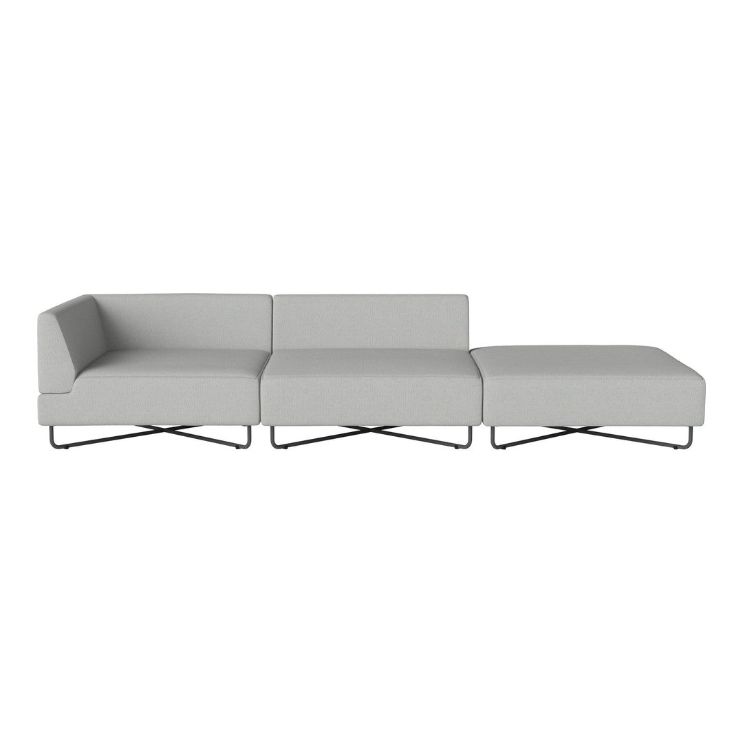 Modern three-piece sofa in soft gray upholstery with sleek metal legs, featuring clean lines and minimalist design.