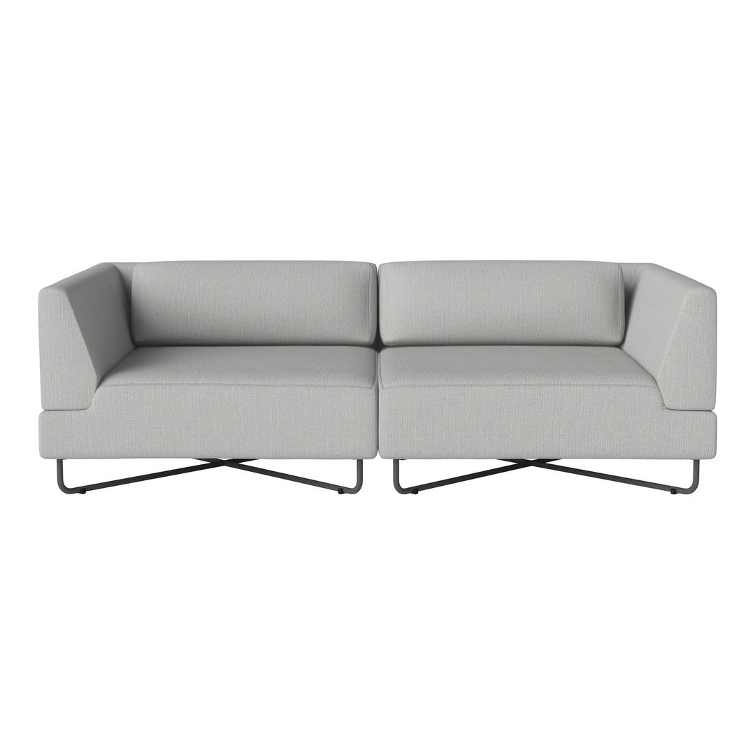 Modern gray two-seater sofa with a minimalist design and contrasting black metal legs.