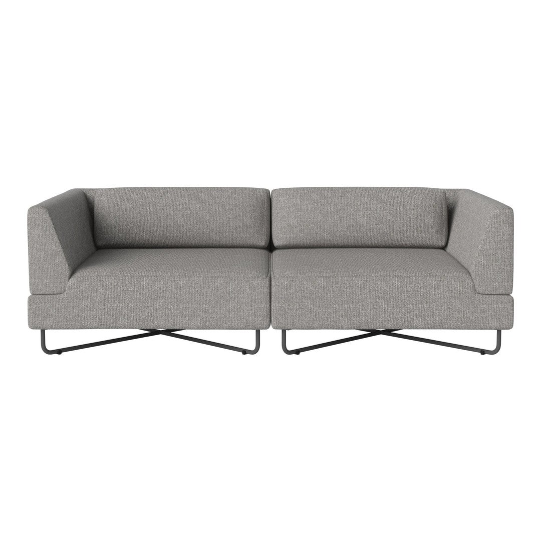 Gray modern sofa featuring clean lines and minimalist design with subtle texture and sleek black metal legs.