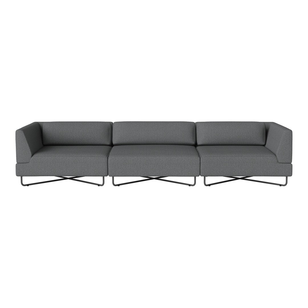 Modern gray sectional sofa with sleek lines and minimalist design, featuring a solid color and no visible patterns.
