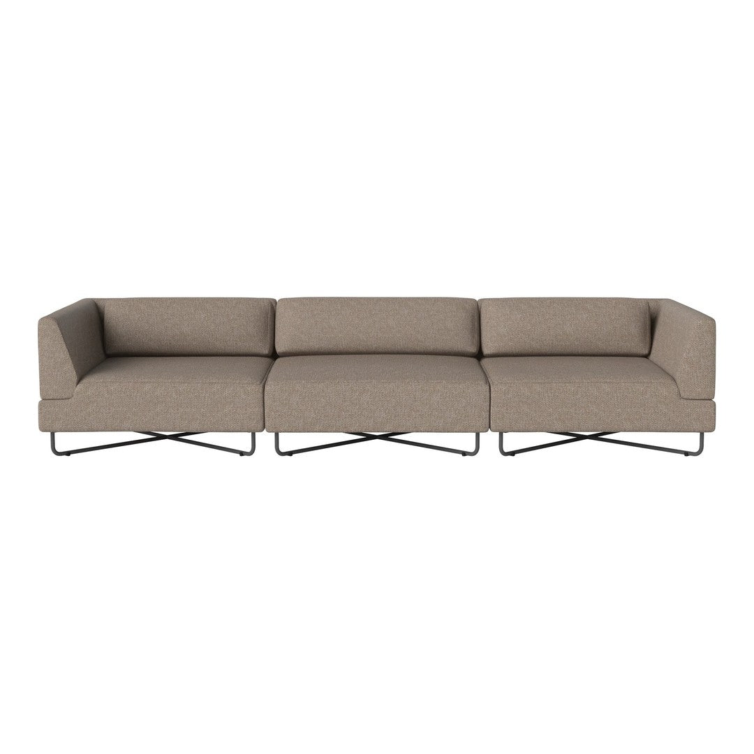 "Modern sectional sofa in soft taupe fabric with a simple, textured pattern and sleek metal base."
