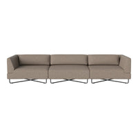 "Modern sectional sofa in soft taupe fabric with a simple, textured pattern and sleek metal base."
